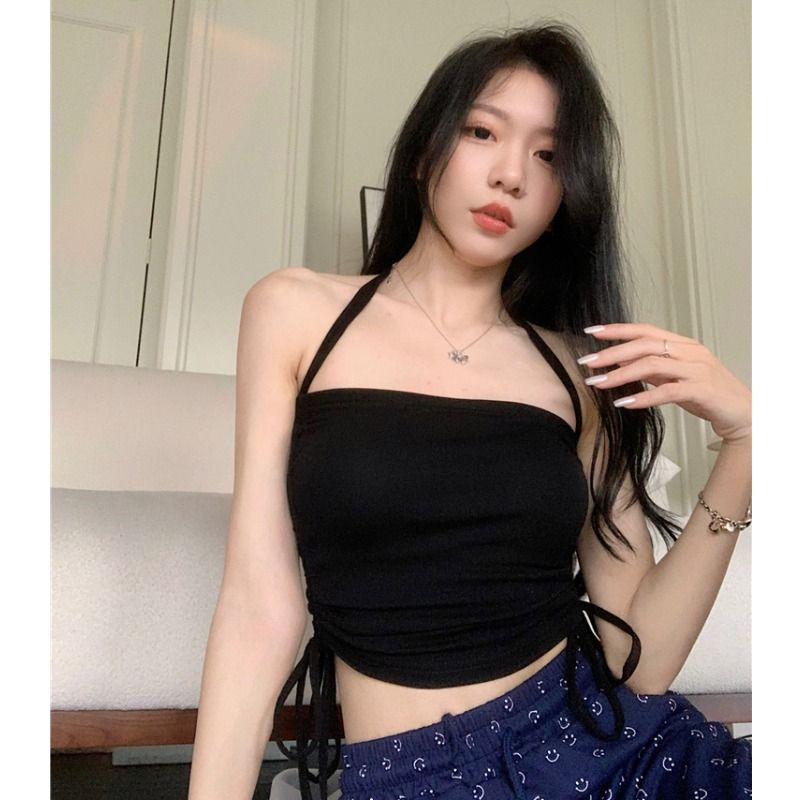 官圖 260隨心裁辣妹掛脖吊帶背心性感美背短款抽繩上衣