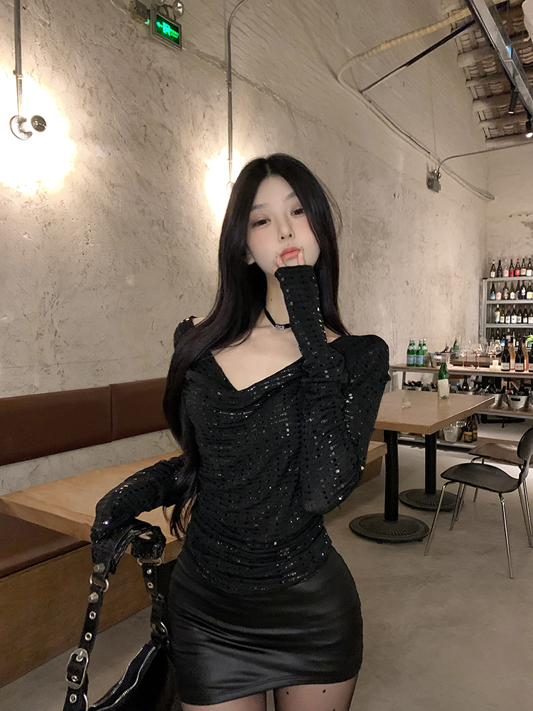 Real shot style sequined swing collar long-sleeved T-shirt for women in spring short slim fit bottoming halter top