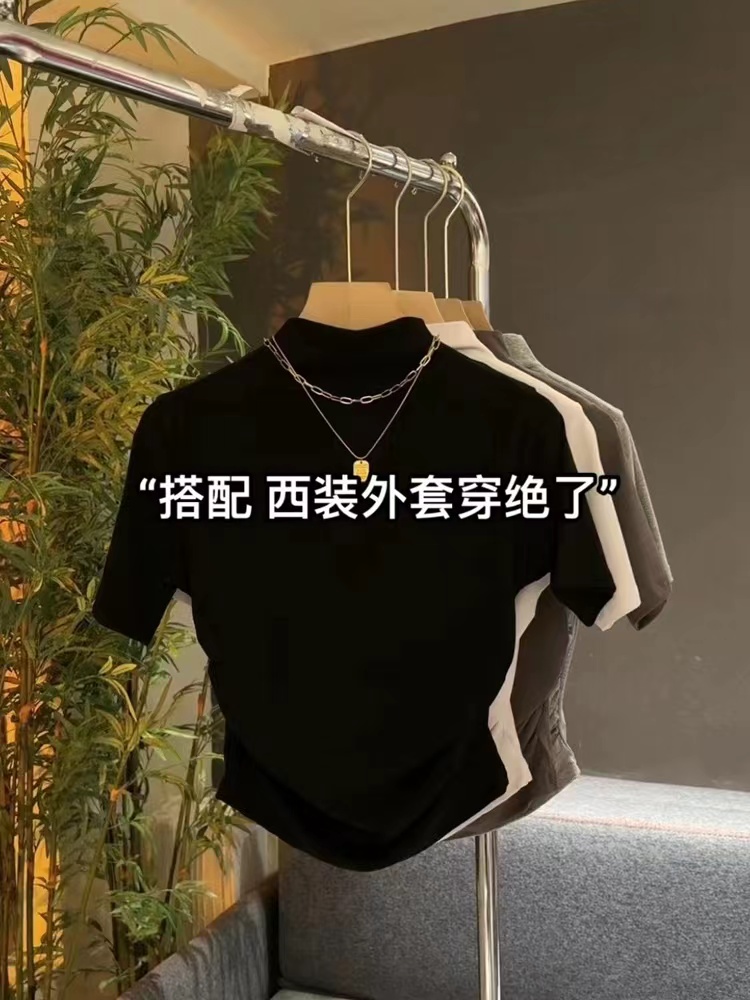 半高領打底衫女內搭夏季2024新款設計感小眾黑色短袖T恤短款上衣