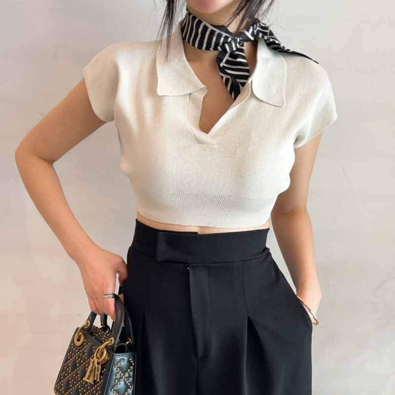 Simple slim-fitting short-sleeved POLO shirt short sweater lapel T-shirt tops for women 2024 new spring Korean style trend