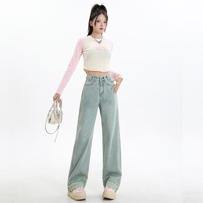 實拍2024早春時尚潮流高腰顯瘦牛仔褲女直筒闊腿卷邊拖地褲子