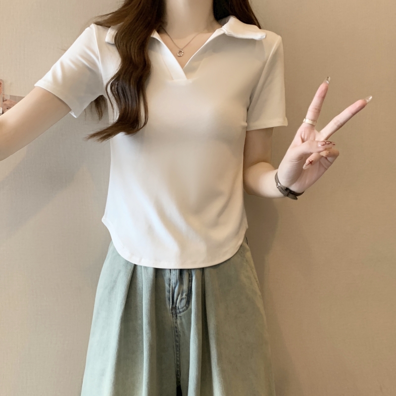 實拍  40支純棉 2024夏裝polo領短袖T恤女純色上衣