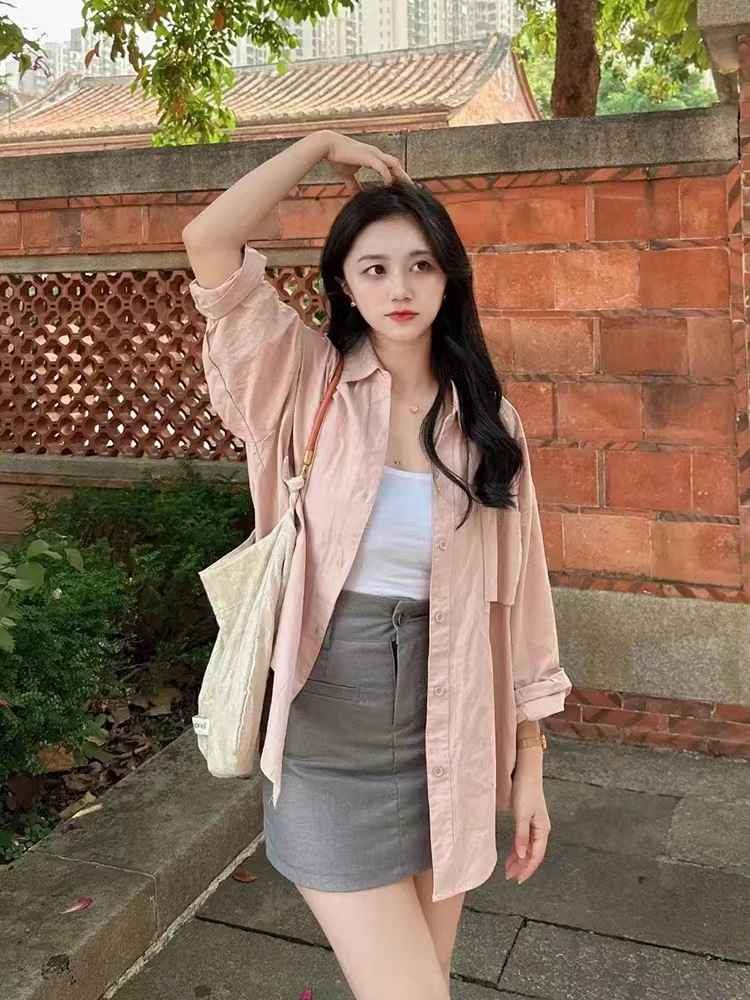 純棉粉色長袖潮時尚職業襯衫小清新上衣女2024春裝設計感別致襯衣