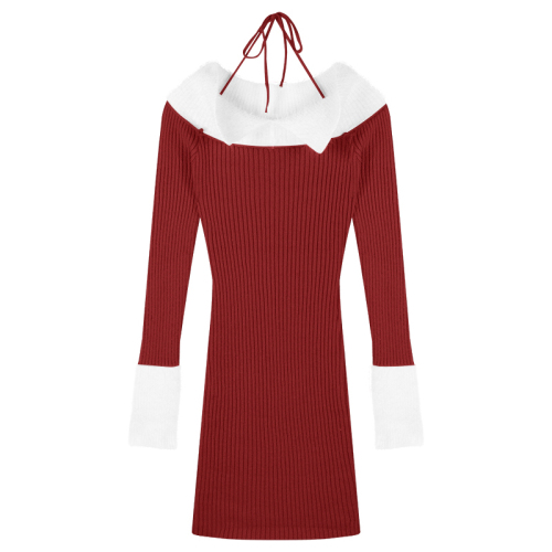 一字肩针织毛衣连衣裙女装秋冬红色圣诞氛围感性感包臀裙子