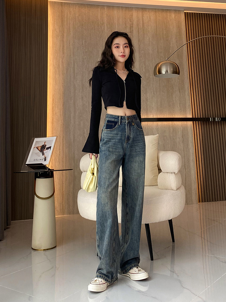 夏季薄款高腰闊腿牛仔褲女2024新款復古潮牌窄版小個子拖地直筒褲