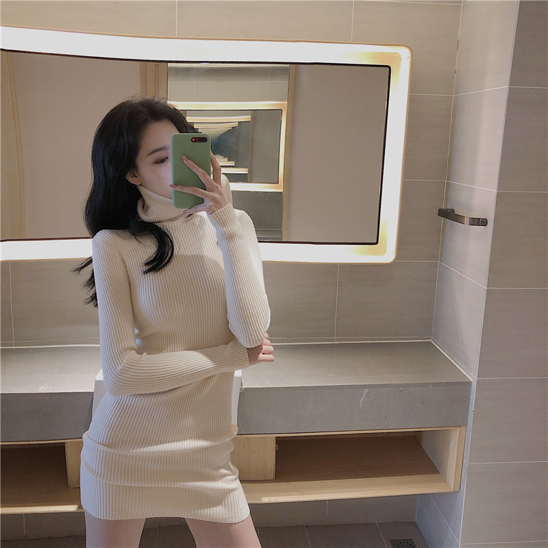 高領毛衣針織連衣裙女春季配大衣緊身氣質洋氣內搭打底衫包臀裙子