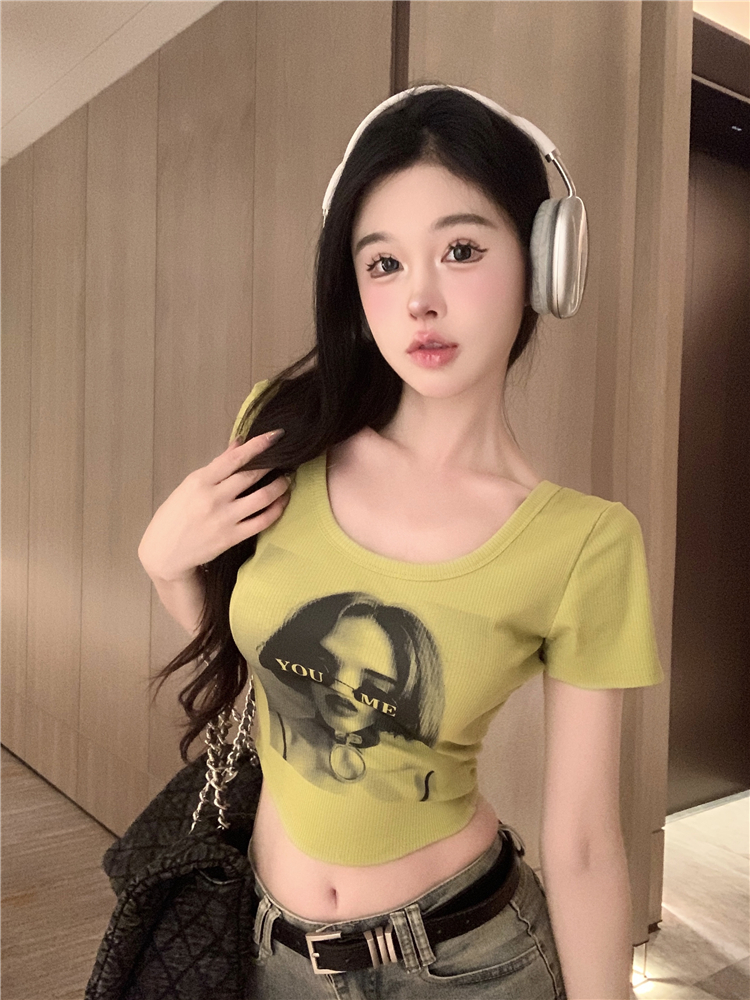 辣妹正肩短袖t恤女夏季美式緊身性感高腰上衣套頭T恤圓領休閒