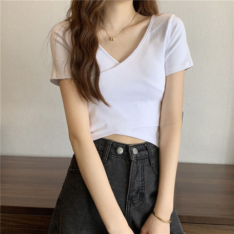 2024 Summer Crossover Versatile Slim Short Sleeve T-Shirt for Women Korean Style Short Solid Color Top for Women