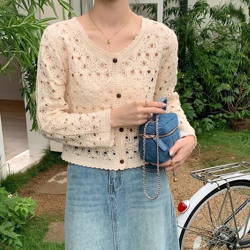 鏤空薄款針織開衫女外穿早秋新款復古長袖罩衫圓領鈎花短款上衣潮