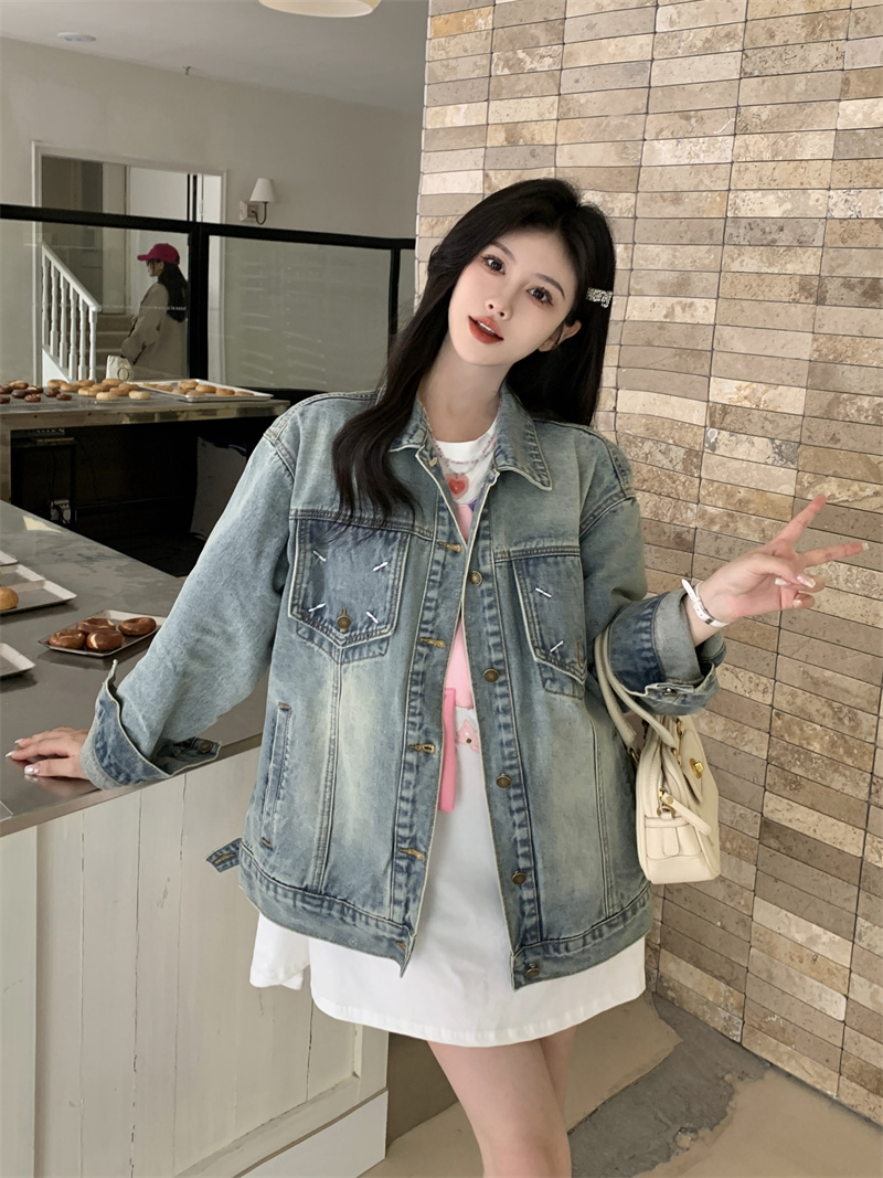 實拍~2024新款刺繡水洗做舊牛仔外套女潮ins休閒寬鬆百搭上衣