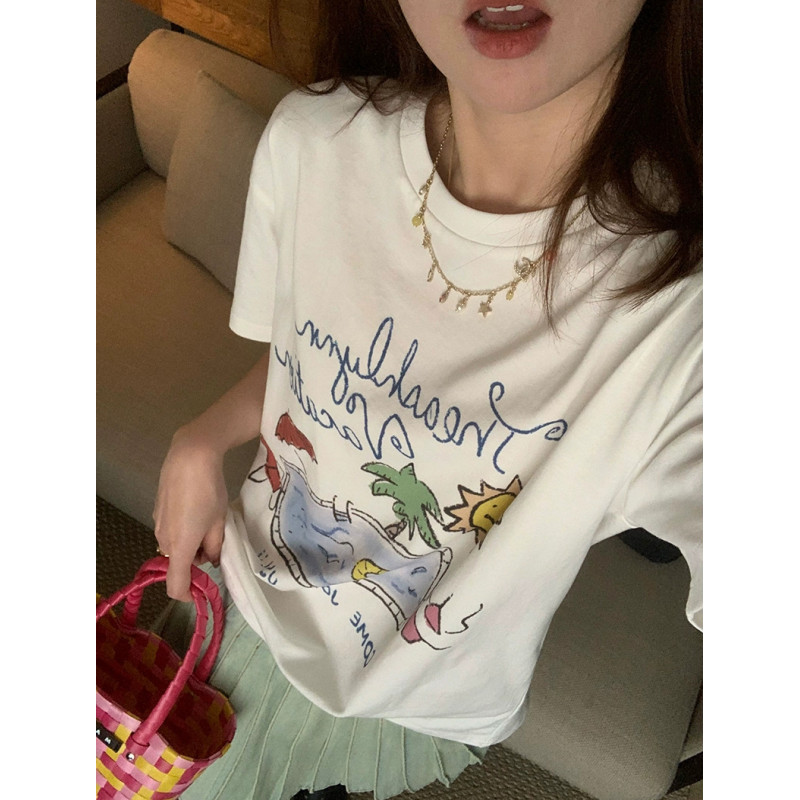 高質量純棉220克精梳緊密手感好直播品質前印花短袖t恤女