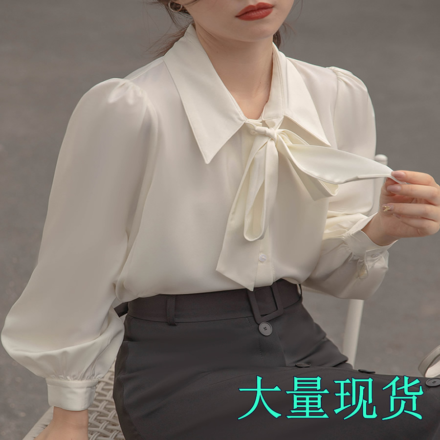 春款燈籠袖氣質蝴蝶結襯衫白色襯衣女長袖系帶設計感職業上衣秋季
