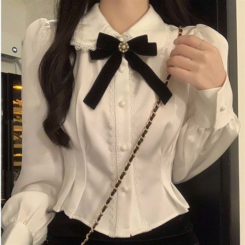學院風甜美娃娃領襯衫長袖上衣女2024春秋新款收腰短款設計感襯衣