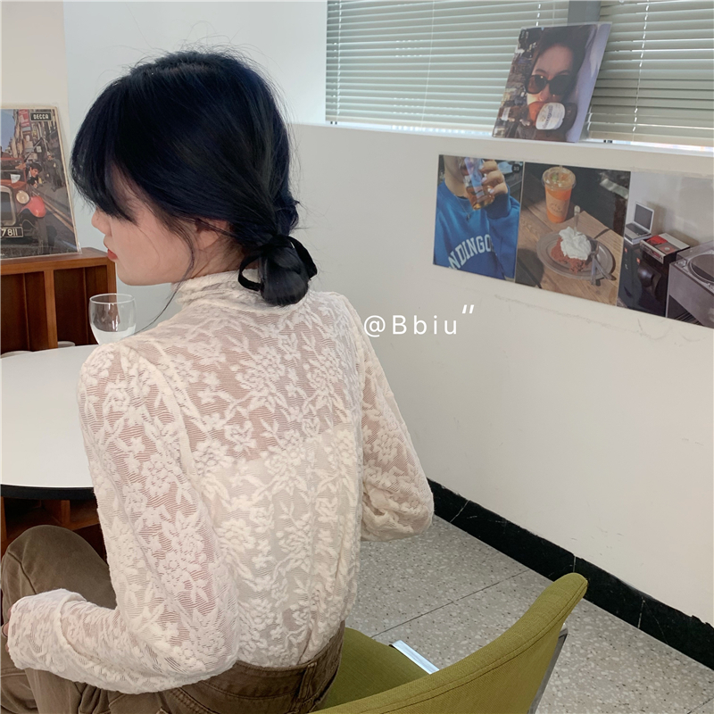實拍 春季網紗高領蕾絲內搭打底衫女