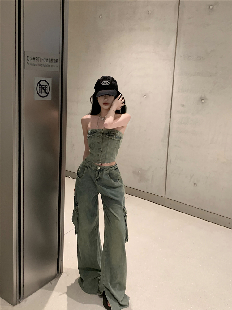 實拍！春夏純欲辣妹做舊牛仔抹胸上衣牛仔褲兩件套