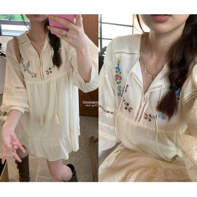 im向 du家原創！重工刺繡碎花度假連衣裙女荷葉邊燈籠袖娃娃裙