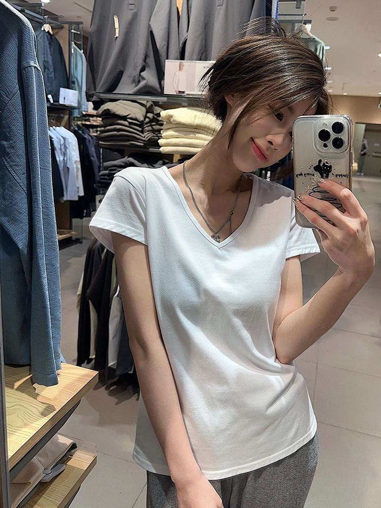實拍~韓系基礎款純色純棉短袖T恤女V領正肩短上衣