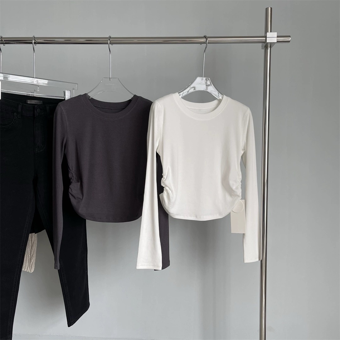 Round neck side pleated long-sleeved bottoming T-shirt for women early autumn new design temperament slim fit versatile top