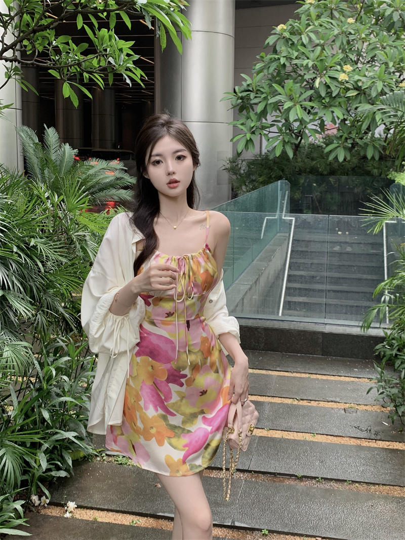 Actual shot of new retro floral suspender skirt + sun protection shirt top