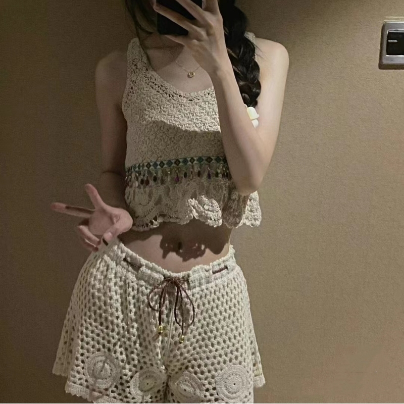 甜辣妹鏤空吊帶背心女夏季露背流蘇蕾絲內搭短款性感別致獨特上衣