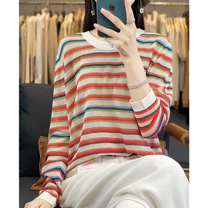 實拍！實拍！！有大圖！2024春夏新款撞色彩虹條針織衫毛衣潮