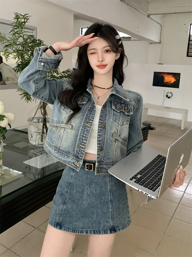實拍~春秋新款設計感復古拼接休閒百搭短款牛仔上衣外套女