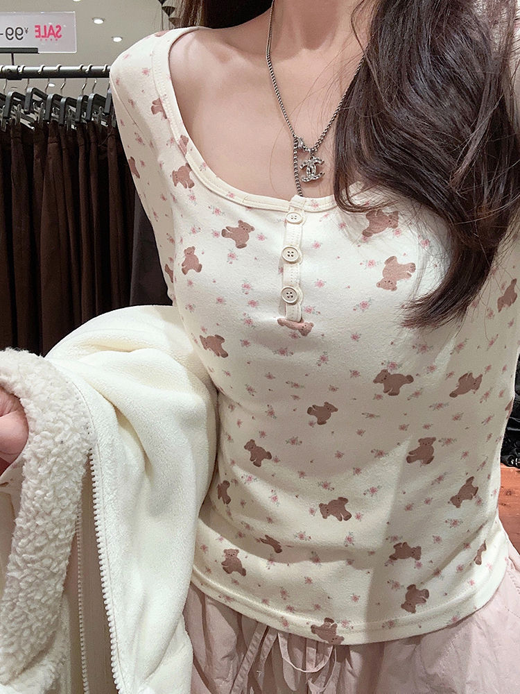 Sweet and spicy bear printed long-sleeved T-shirt for women, new slim-fitting brushed plus velvet inner layered bottoming shirt top spring and autumn pullover