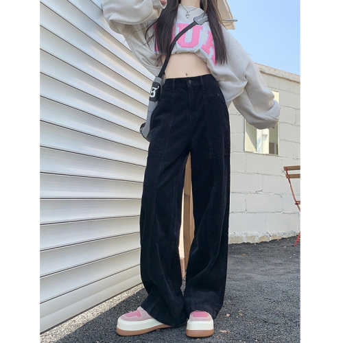 Maillard Retro Coffee Brown Corduroy Overalls Women's Spring and Autumn High Waisted Wide Leg Straight Pants 2024 New Style