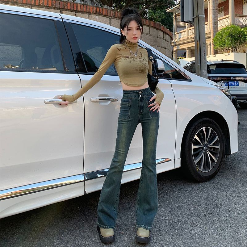 實拍2024早春時尚潮流直筒修身微喇美式復古牛仔褲女