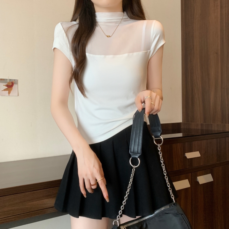 實拍  40支純棉 2024夏裝辣妹風短袖T恤女修身網紗拼接