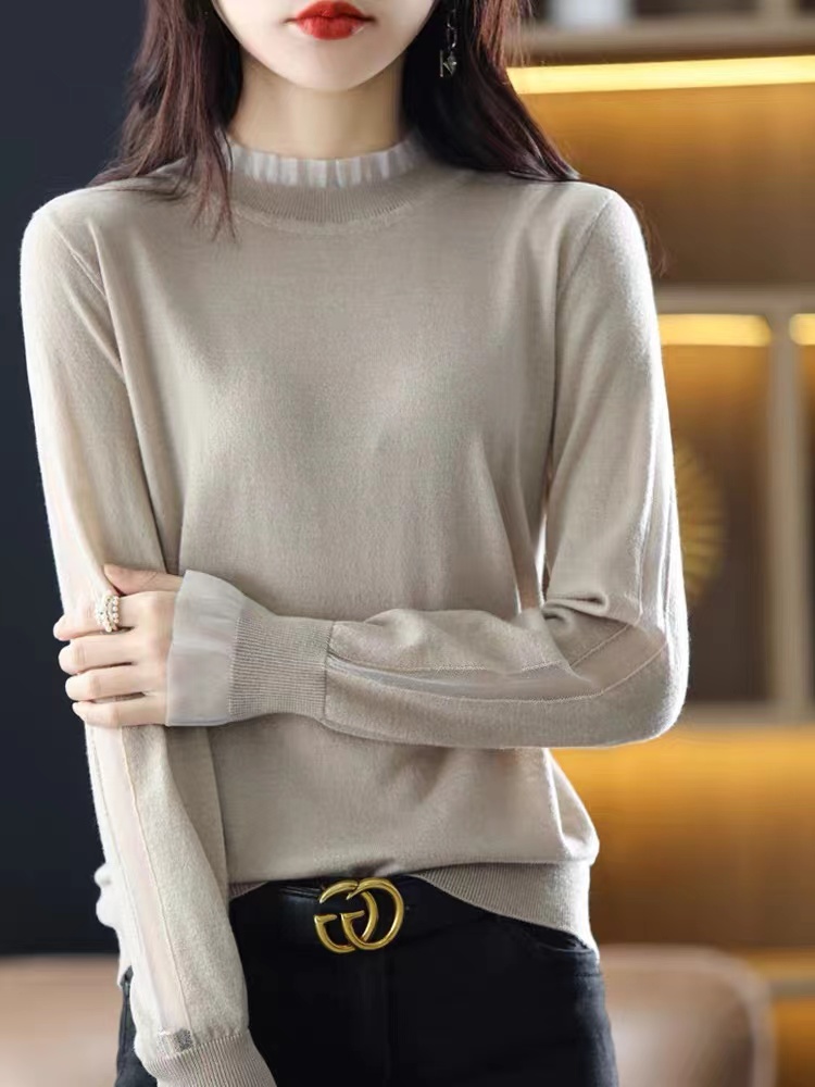 美且溫柔！歐根紗木耳邊羊毛針織衫女外穿春季網紗拼內搭打底上衣