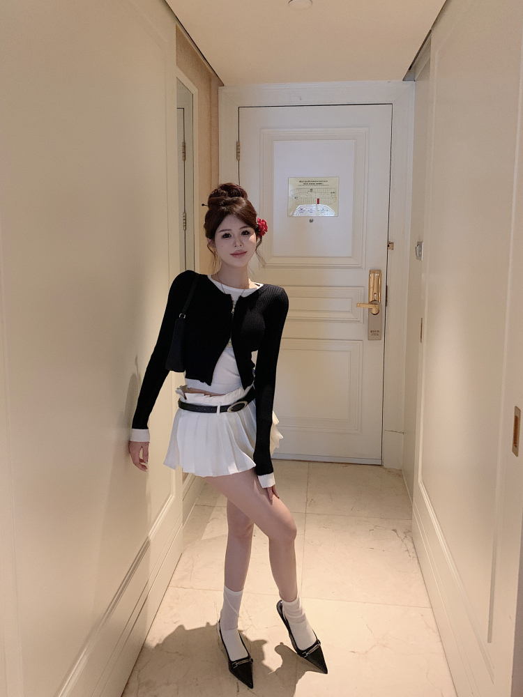 實拍 雙頭拉鏈針織開衫外套女早春假兩件修身拼色打底衫上衣