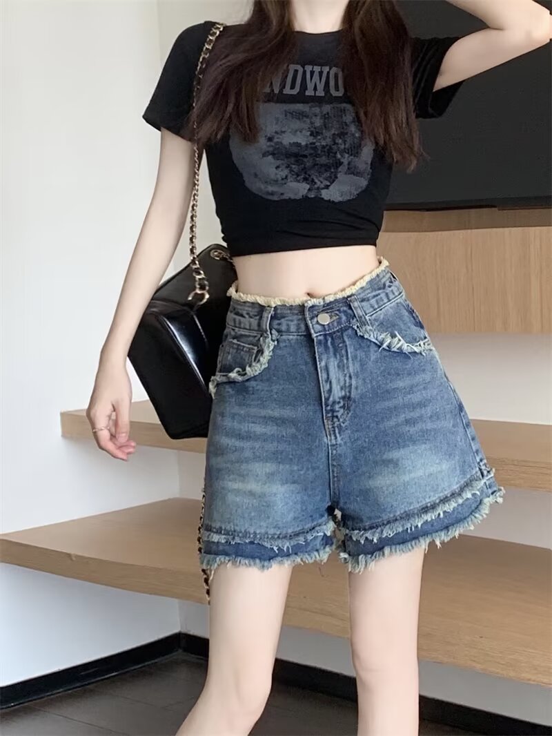 復古磨皮高腰毛邊牛仔短褲2024夏季新款休閒風小個子牛仔褲女