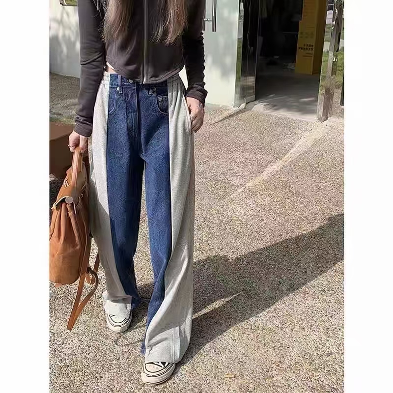 Korean retro washed denim stitching contrasting casual high-waisted straight trousers