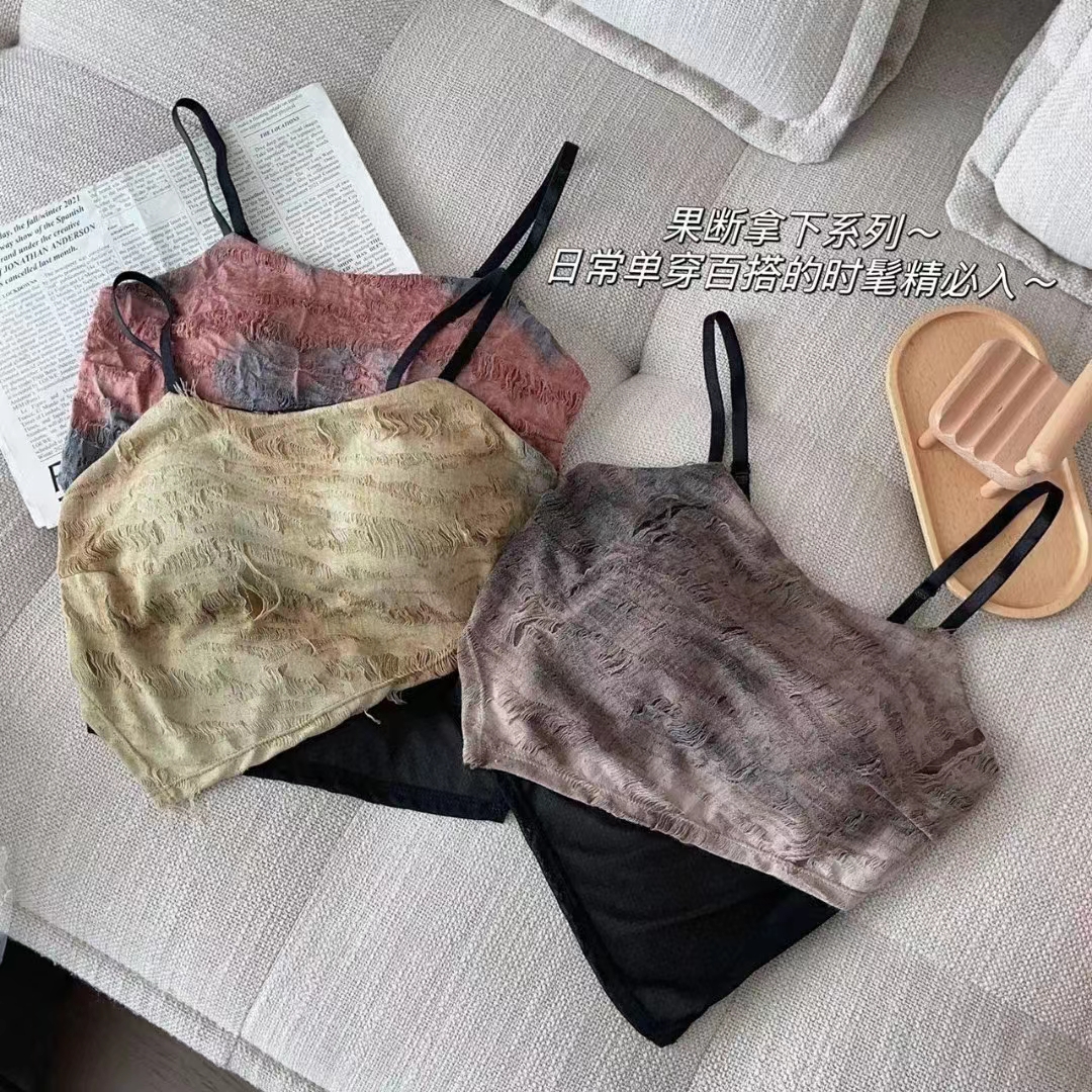 多巴胺扎染漸變色辣妹抹胸背心女春夏內搭帶胸墊短款破洞吊帶上衣