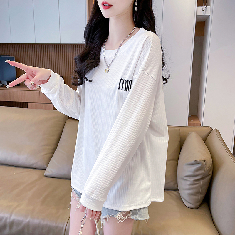 Real shot 2024 new spring Korean style loose round neck letter embroidered mid-length bottoming shirt T-shirt for women