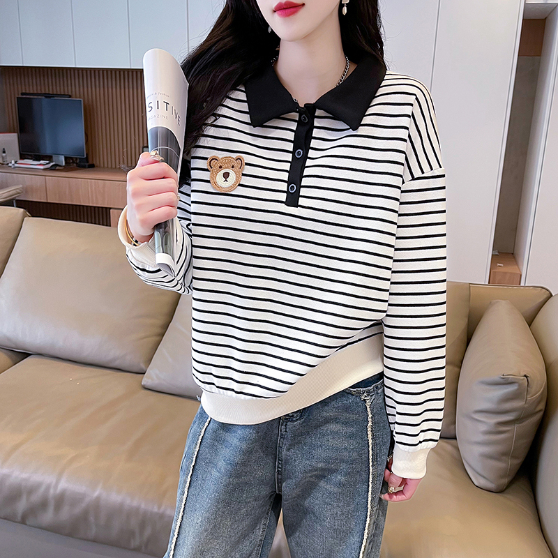 實拍 春季韓版寬鬆250克珠地條紋POLO領卡通刺繡大碼薄款衛衣女