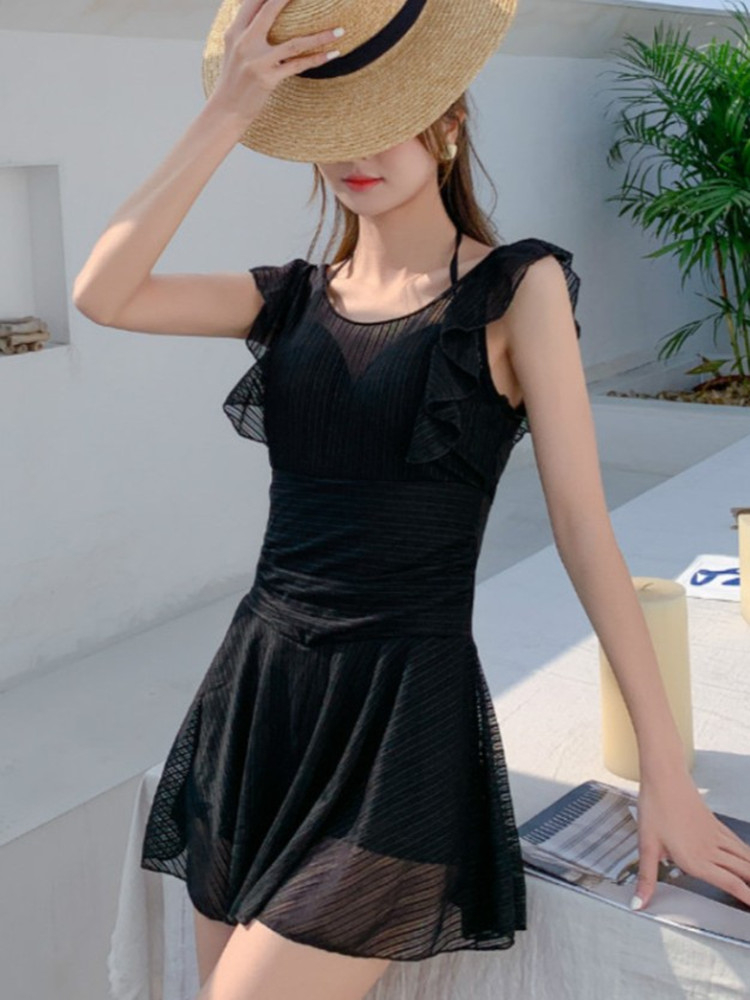 泳衣女2024新款泡溫泉高級感小胸性感連體顯瘦遮肚大胸微胖游泳裝