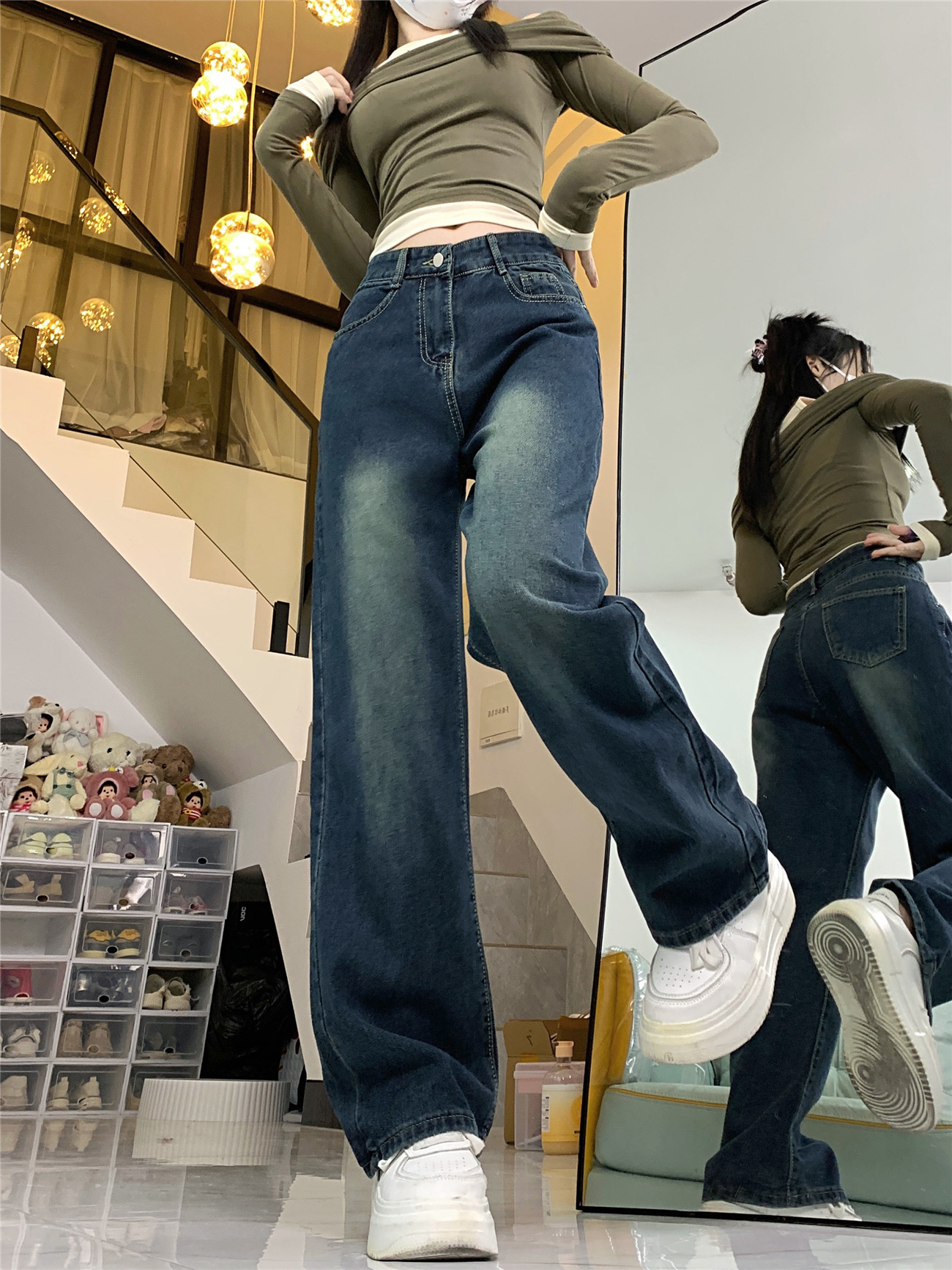 實拍梨形身材復古藍牛仔褲女直筒秋冬遮肉顯瘦寬鬆腿粗闊腿褲