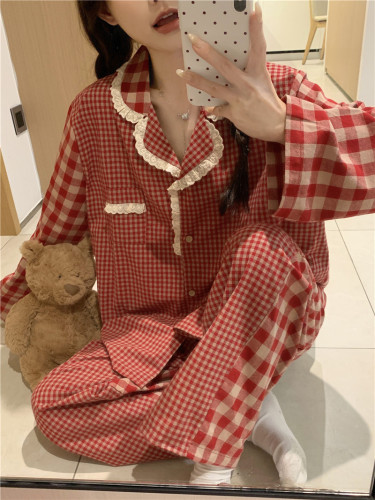 Actual shot of Korean style spring new cotton contrasting large and small plaid loose casual ins outer wear long-sleeved home clothes set