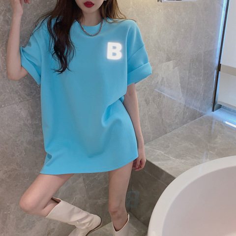 網紅款2024夏季款韓版寬鬆短袖T恤女3D立體凹凸反光印花女裝上衣