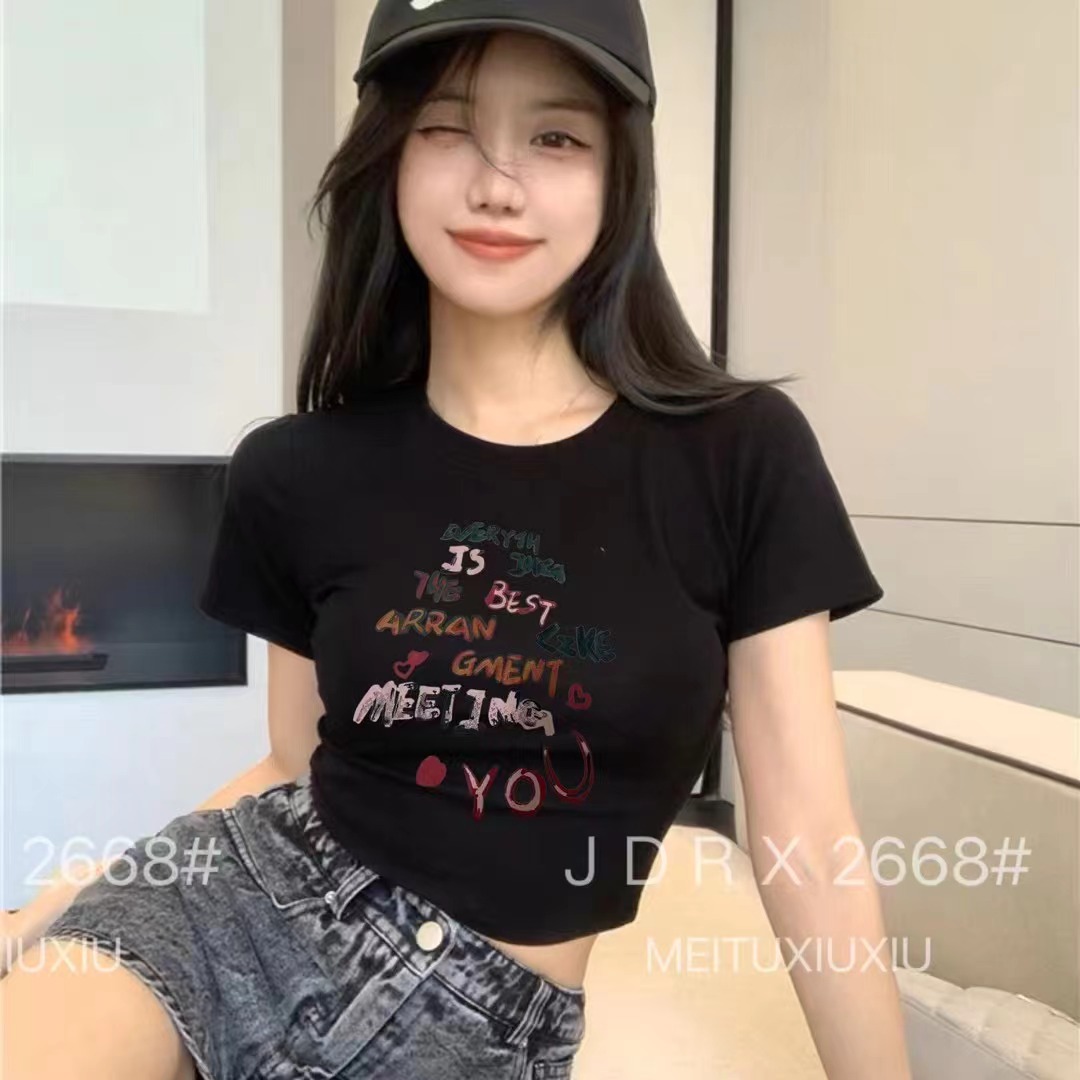 夏季新款短袖T恤女印花韓版減齡顯瘦正肩純棉圓領百搭上衣套頭