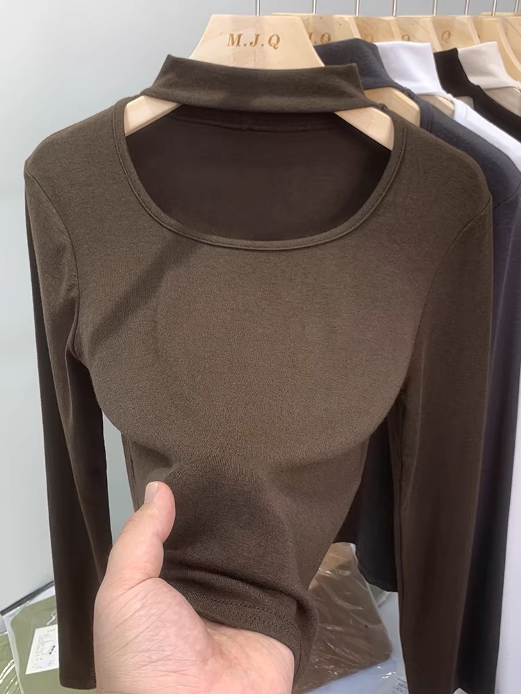 European hollow halterneck long-sleeved T-shirt for women autumn and winter 2024 new style foreign style inner layering shirt slim short top