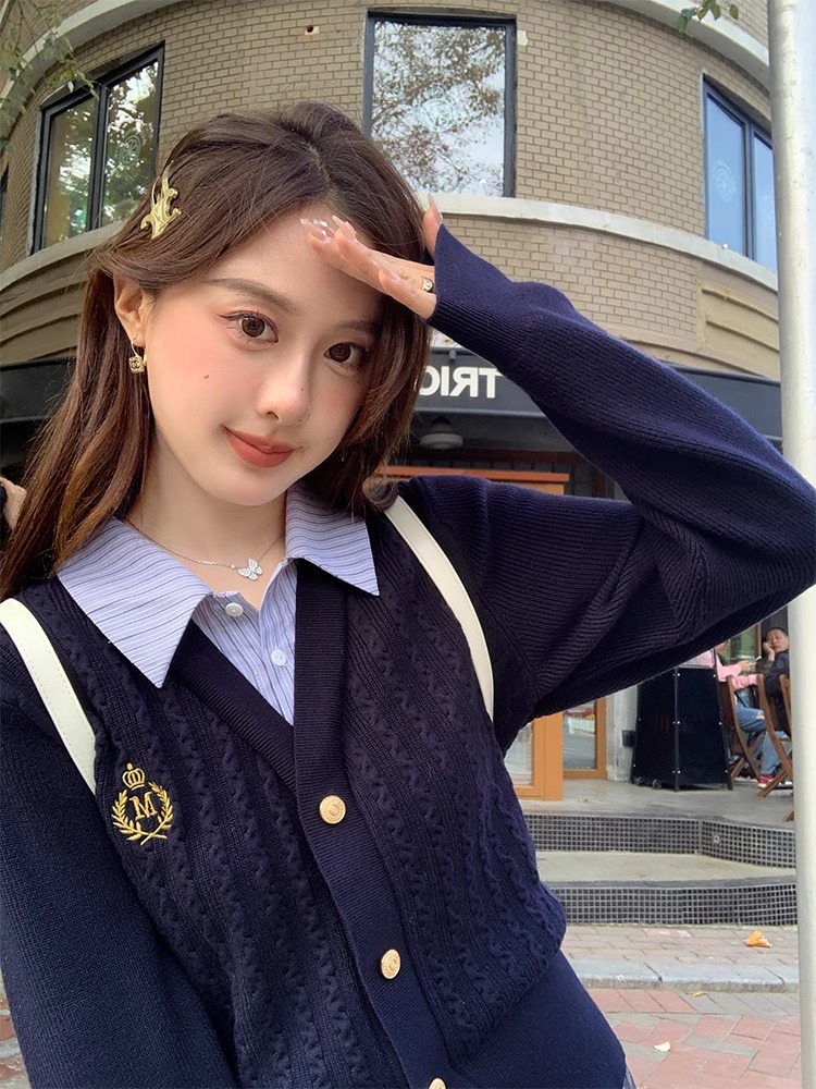 馬西西微胖mm學院風假兩件針織上衣女冬季大碼寬鬆顯瘦設計感毛衣