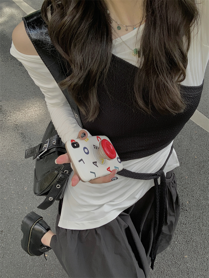 實拍#學院風簡約套裝女春季吊帶上衣+廓形口袋半身裙三件套