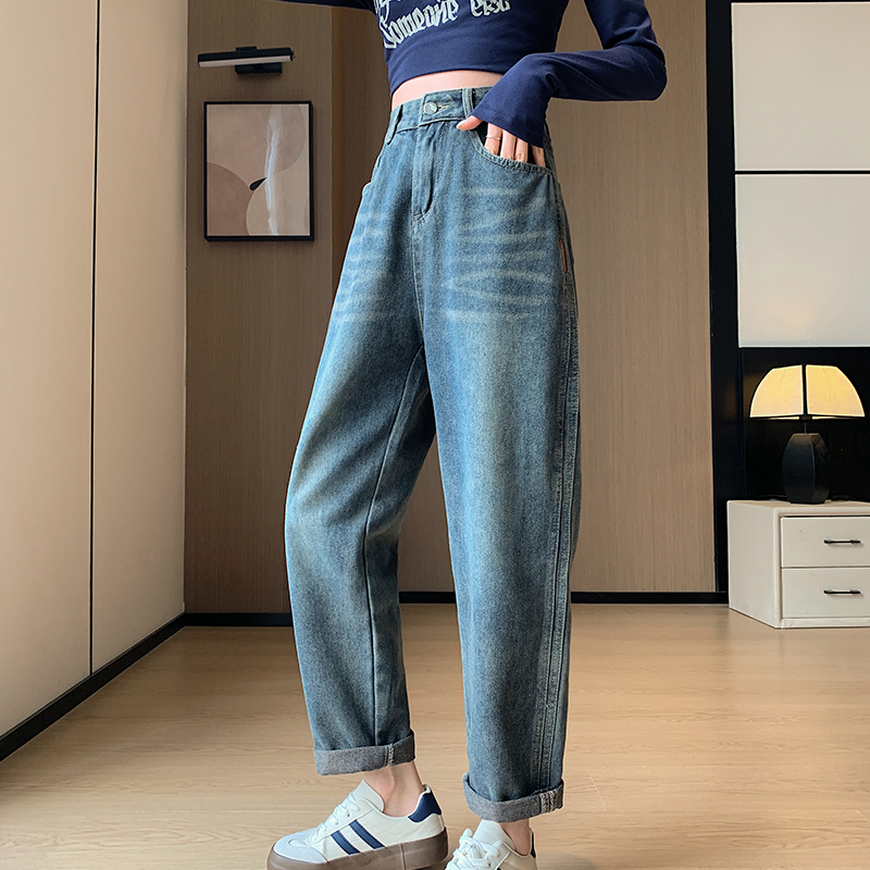 實拍大碼女裝2024春季新款高腰顯瘦復古百搭哈倫牛仔褲老爹休閒褲