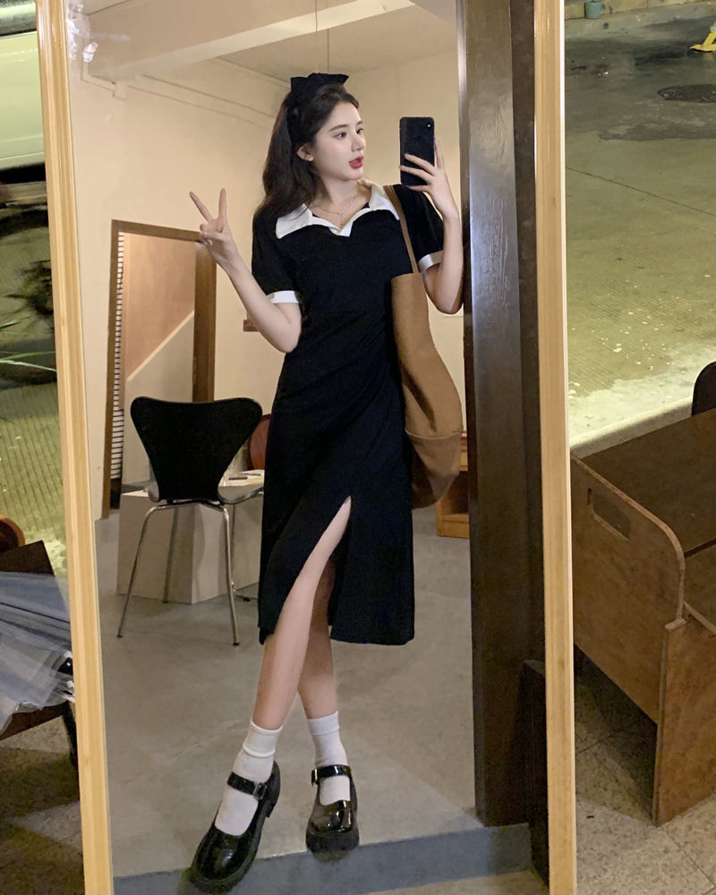 大碼撞色polo短袖連衣裙女夏季胖MM收腰顯瘦設計感開叉中長款裙子