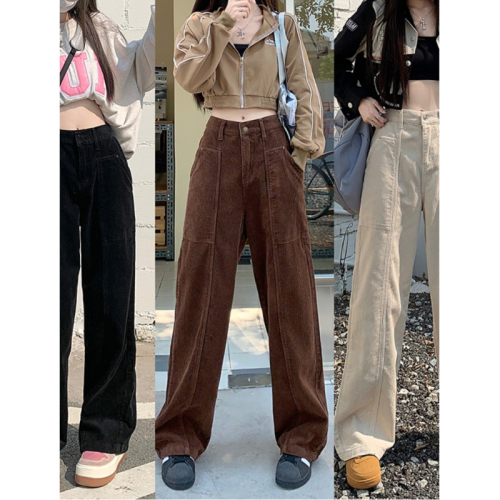Maillard Retro Coffee Brown Corduroy Overalls Women's Spring and Autumn High Waisted Wide Leg Straight Pants 2024 New Style