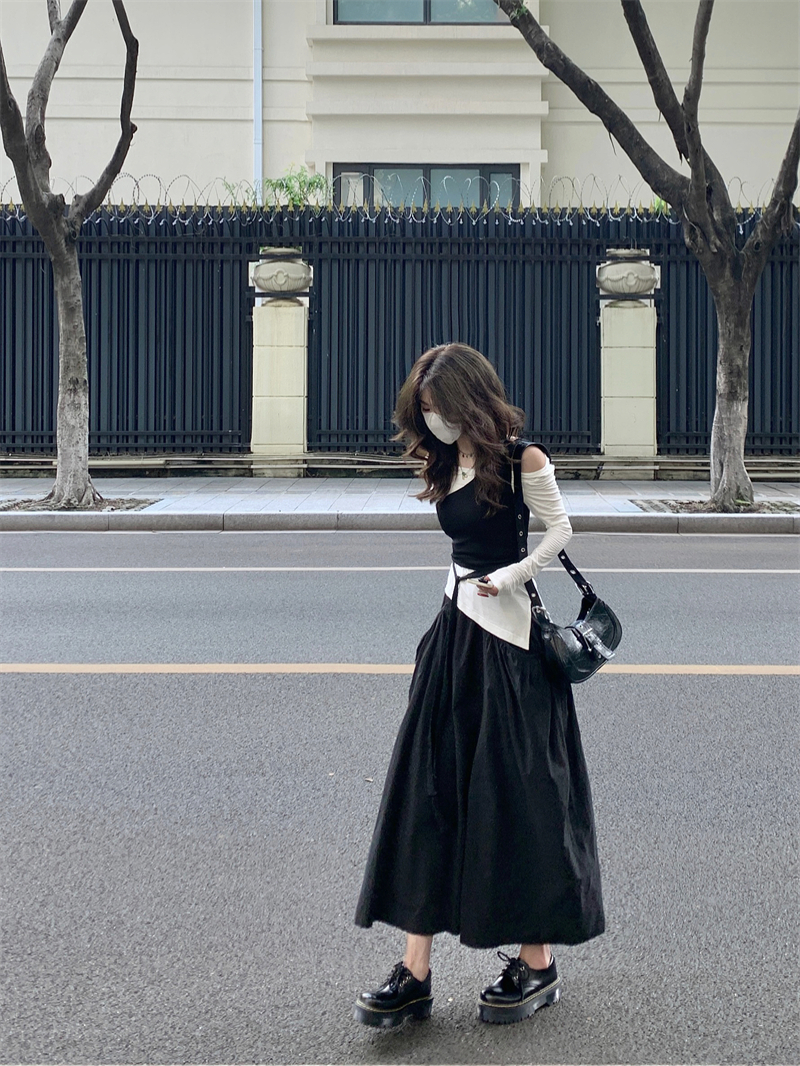 實拍#學院風簡約套裝女春季吊帶上衣+廓形口袋半身裙三件套