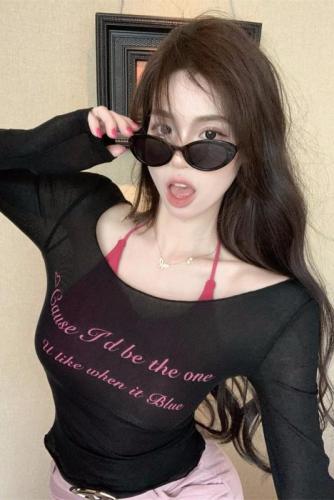 Actual shot of Pure Desire Hot Girl One Shoulder Printed Knitted Top Women's Sun Protection Thin T-Shirt